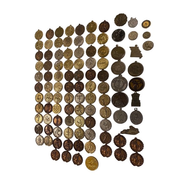 HUGE Vtg Lot Sports 100+ Medals Awards All Metal Sports Track Volleyball Archery - Picture 2 of 16